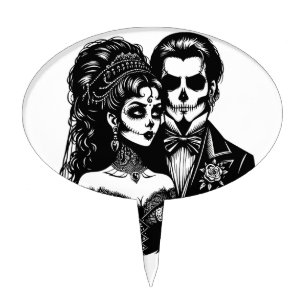 day of dead Art Skeleton goth Bride And Groom Cake Topper