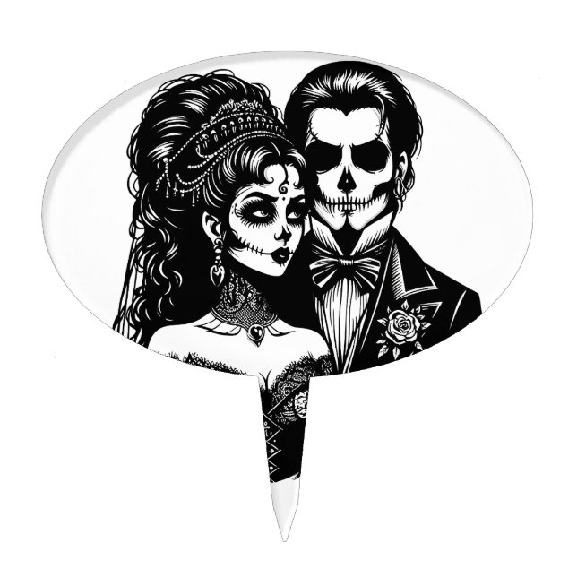  day of dead Art Skeleton goth Bride And Groom  Cake Topper (Front)