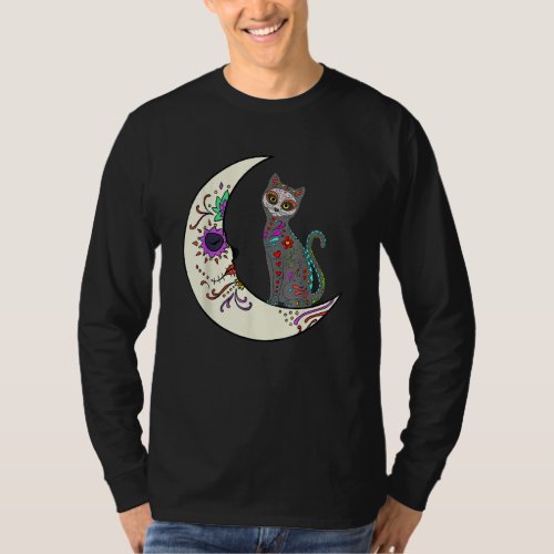 Day Of Dead Cat On The Moon Love Mexican Cat Sugar T_Shirt