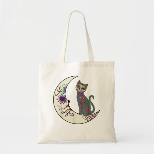 Day Of Dead Cat On The Moon Love Mexican Cat Sugar Tote Bag