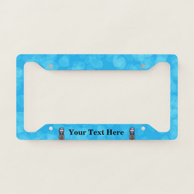 Day of Dead Lady Skeletons Striped Capes Aqua blue License Plate Frame (Front)