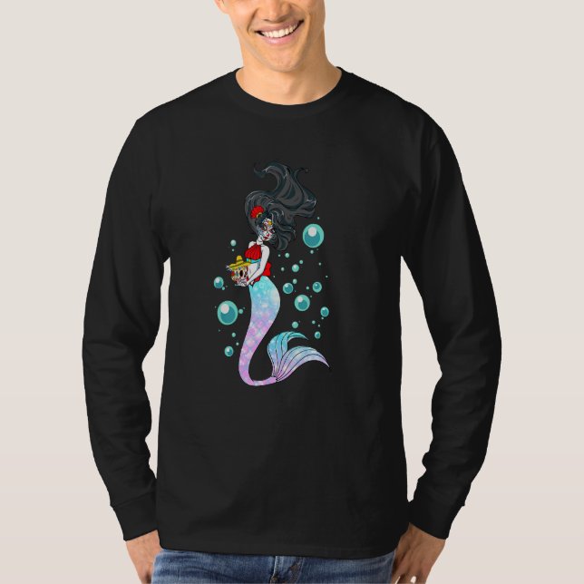 Day Of Dead Mermaid  Mexican Mermaid Sugar Skull W T-Shirt (Front)