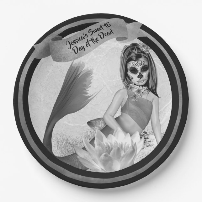 Day of Dead Party Sugar Skull Mermaid Goth Paper Plates (Front)