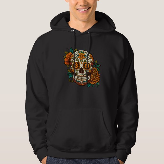 Day Of Dead Sugar Skull Floral Skeleton Head Bone  Hoodie (Front)