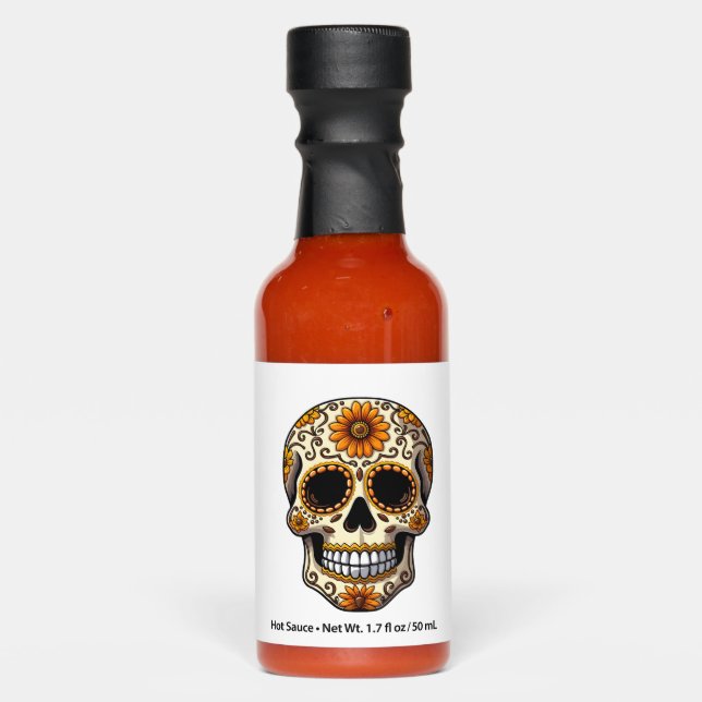 Day Of Dead Sugar Skull Floral Skeleton Head Bone  Hot Sauces (Front)