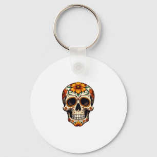 Day Of Dead Sugar Skull Floral Skeleton Head Bone Keychain