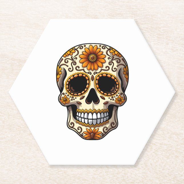 Day Of Dead Sugar Skull Floral Skeleton Head Bone  Paper Coaster (Front)