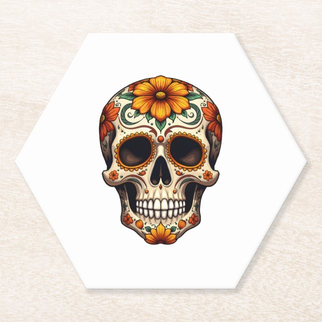 Day Of Dead Sugar Skull Floral Skeleton Head Bone  Paper Coaster (Front)