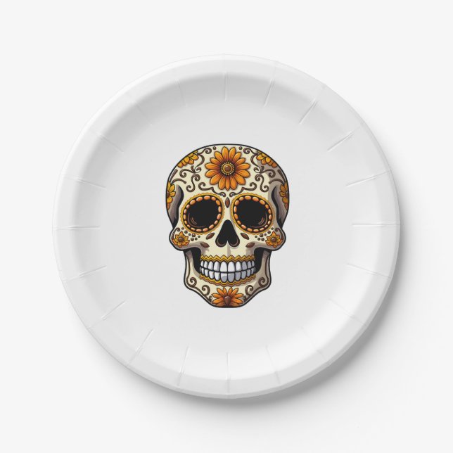 Day Of Dead Sugar Skull Floral Skeleton Head Bone  Paper Plates (Front)