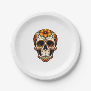 Day Of Dead Sugar Skull Floral Skeleton Head Bone Paper Plates