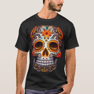 Day Of Dead Sugar Skull Floral Skeleton Head Bone  T-Shirt
