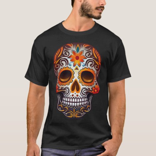 Day Of Dead Sugar Skull Floral Skeleton Head Bone  T_Shirt