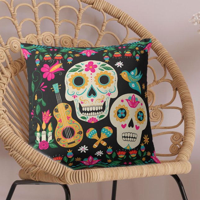 Day of the Dead Art Sugar Skulls Outdoor Pillow (Day of the Dead Pillow with Mexican theme and sugar skulls from my Dia de los Muertos collection)