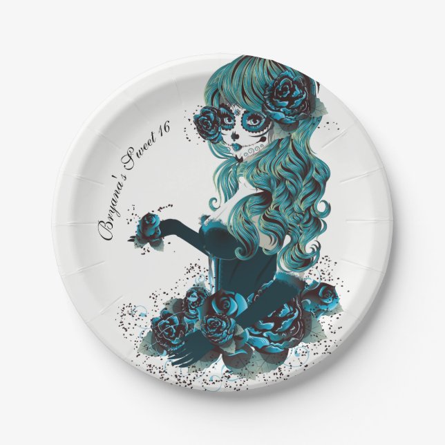 Day of the Dead Beautiful Sugar Skull Makeup Girl Paper Plates (Front)