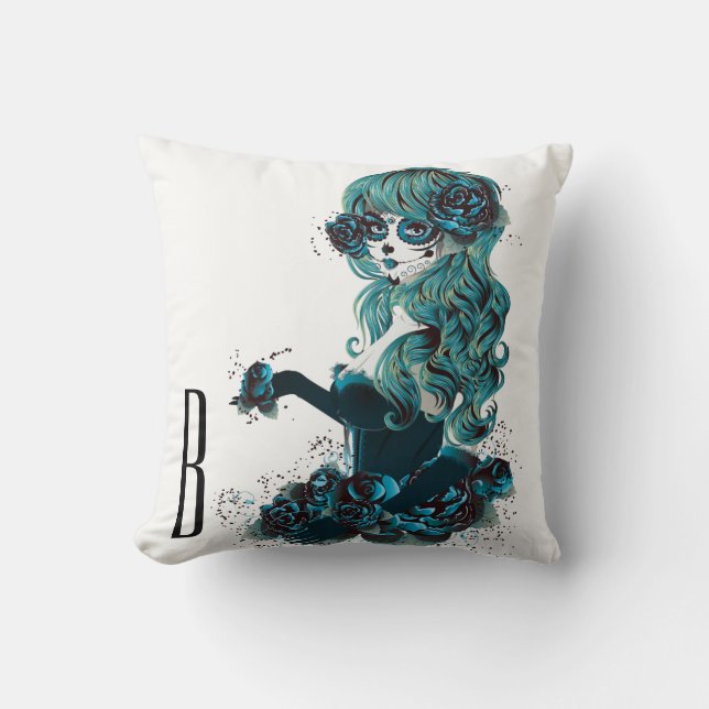 Day of the Dead Beautiful Sugar Skull Makeup Girl Throw Pillow (Front)