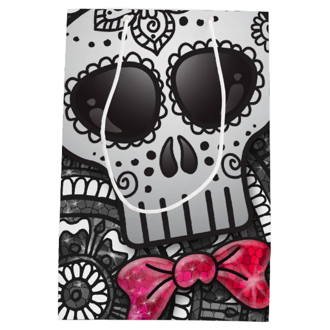 Day of the Dead Black & White Glitter Sugar Skull Medium Gift Bag (Back)