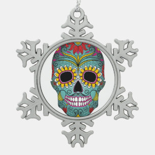 Day of the Dead Bright Skull Snowflake Pewter Christmas Ornament