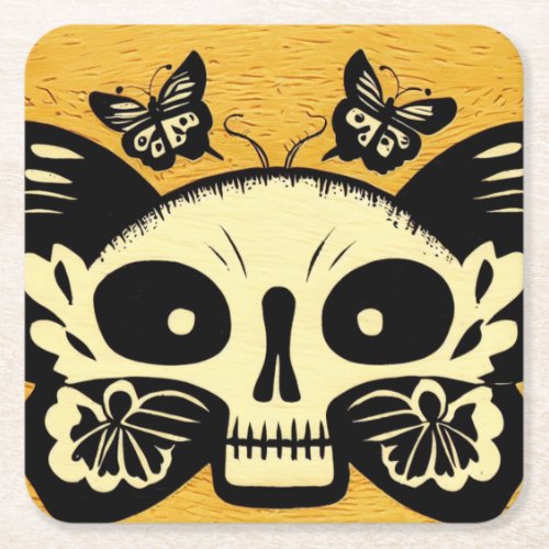 Day of the Dead Butterflies Woodcut 1 Square Paper Coaster
