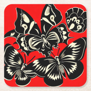 Day of the Dead Butterflies Woodcut 2 Square Paper Coaster