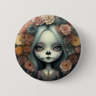 Day of the dead candy skulls dolls cute girl button
