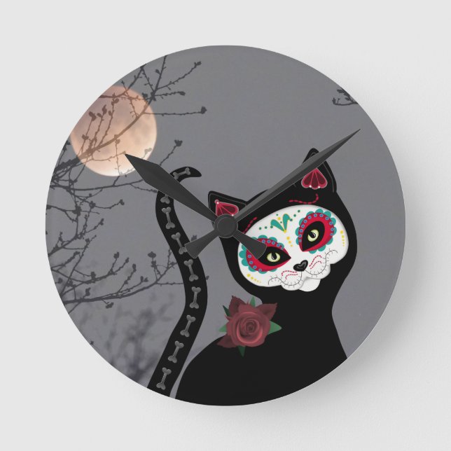 Day of the Dead Cat Round Clock (Front)