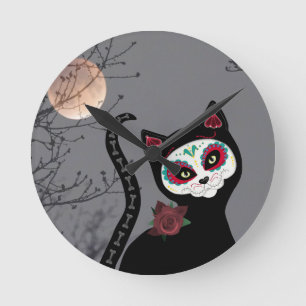 Day of the Dead Cat Round Clock