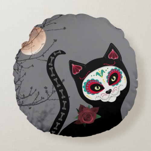 Day of the Dead Cat Round Pillow