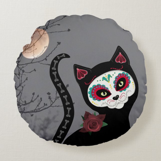 Day of the Dead Cat Round Pillow (Front)