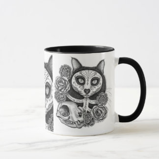 Day of the Dead Cat Skull Sugar Roses Art Mug