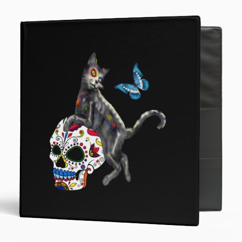 Day Of The Dead Cat Sugar Skull And Butterfly 3 Ring Binder