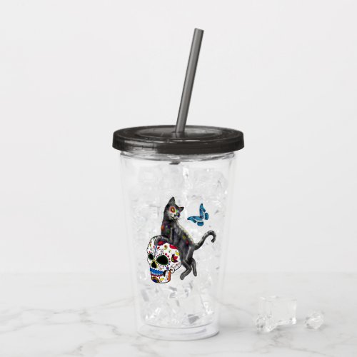 Day Of The Dead Cat Sugar Skull And Butterfly Acrylic Tumbler