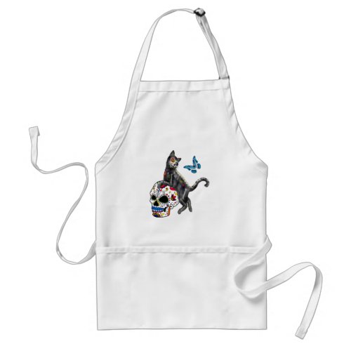Day Of The Dead Cat Sugar Skull And Butterfly Adult Apron