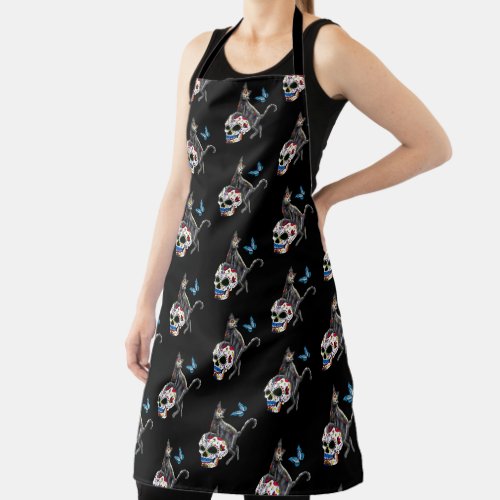 Day Of The Dead Cat Sugar Skull And Butterfly Apron