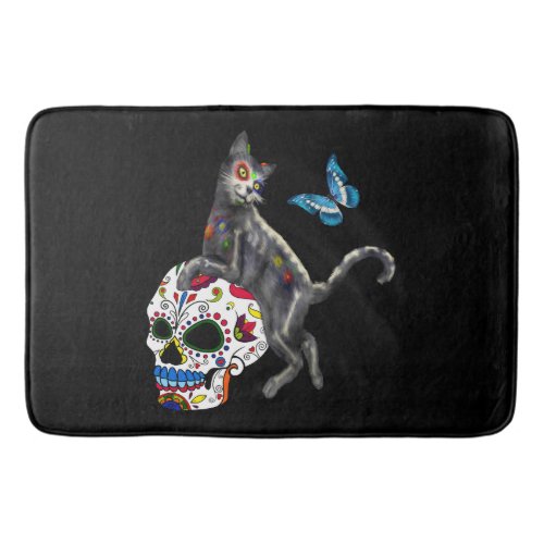 Day Of The Dead Cat Sugar Skull And Butterfly Bath Mat