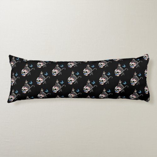 Day Of The Dead Cat Sugar Skull And Butterfly Body Pillow