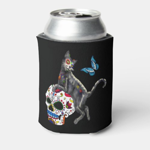 Day Of The Dead Cat Sugar Skull And Butterfly Can Cooler