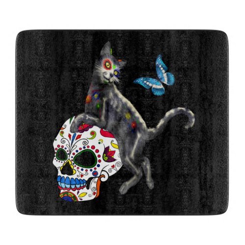 Day Of The Dead Cat Sugar Skull And Butterfly Cutting Board