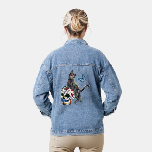 Day Of The Dead Cat Sugar Skull And Butterfly Denim Jacket