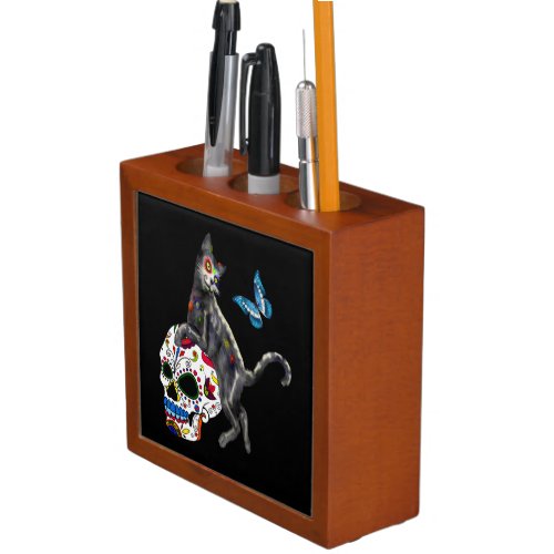Day Of The Dead Cat Sugar Skull And Butterfly Desk Organizer