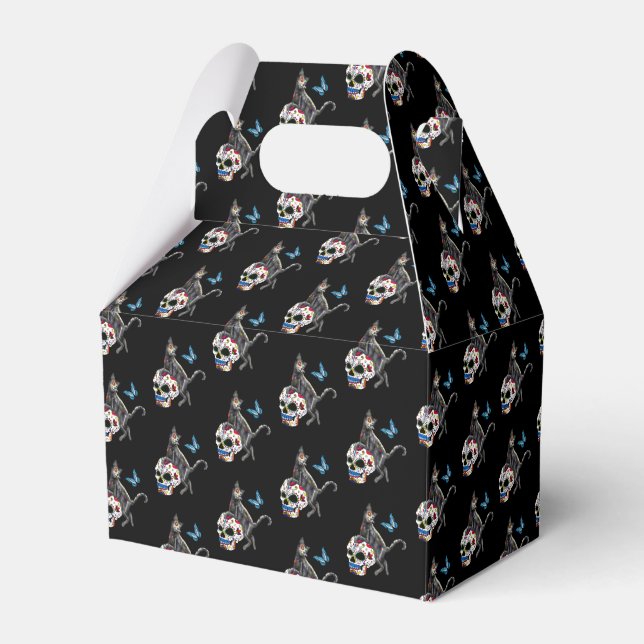 Day Of The Dead Cat Sugar Skull And Butterfly Favor Boxes (Front Side)
