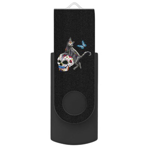 Day Of The Dead Cat Sugar Skull And Butterfly Flash Drive