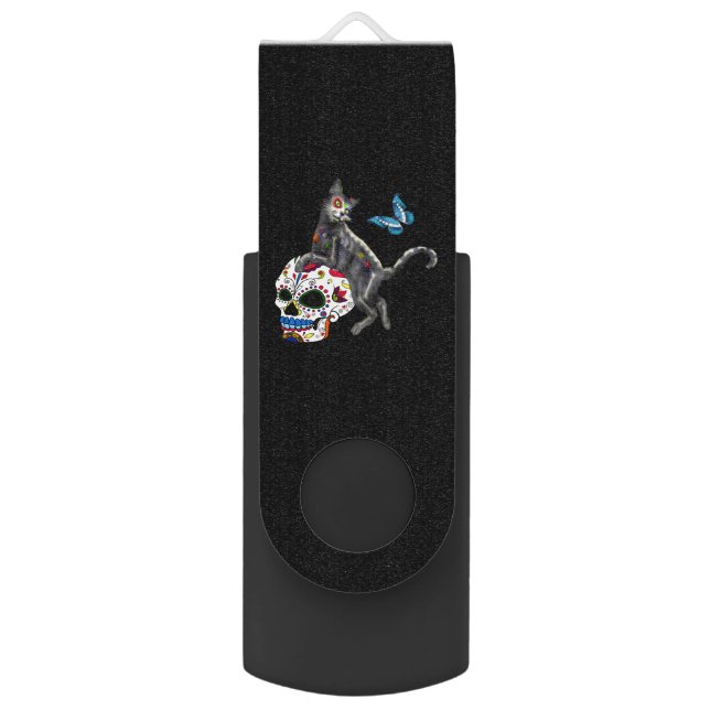 Day Of The Dead Cat Sugar Skull And Butterfly Flash Drive (Back (Vertical))