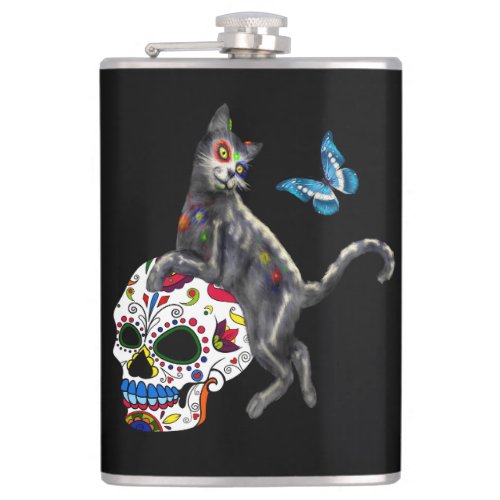 Day Of The Dead Cat Sugar Skull And Butterfly Flask
