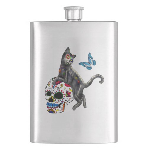 Day Of The Dead Cat Sugar Skull And Butterfly Flask