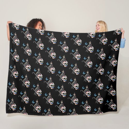 Day Of The Dead Cat Sugar Skull And Butterfly Fleece Blanket