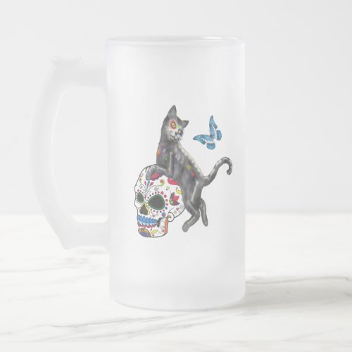 Day Of The Dead Cat Sugar Skull And Butterfly Frosted Glass Beer Mug