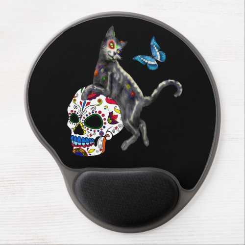Day Of The Dead Cat Sugar Skull And Butterfly Gel Mouse Pad