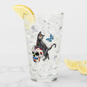 Day Of The Dead Cat Sugar Skull And Butterfly Glass