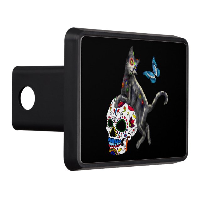 Day Of The Dead Cat Sugar Skull And Butterfly Hitch Cover (Right)