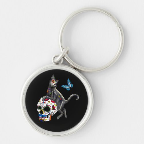 Day Of The Dead Cat Sugar Skull And Butterfly Keychain